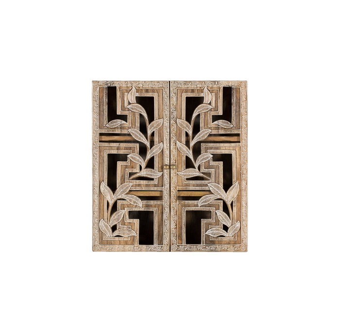 Étagère Mural Artisanale en Bois de Mango Massif 150 cm - Bibliothèque ou Vitrine avec Portes Ajourées à Motifs Sculptés Main et Fermeture Magnétique